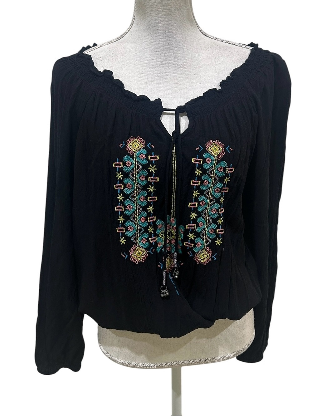 Jessica Simpson Black Embroidered Peasant blouse tie Multicolor turquoise large